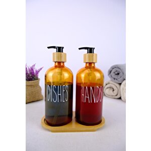 2’li Ahşap Standlı Cam Sıvı Sabun Ve Bulaşık Deterjanı Şişesi Sabunluk Amber 500 Ml - D/11 C1-1-289