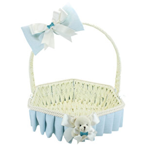 Saplı Altıgen Kumaş Sepet, 32 Cm, Büyük Boy, Mavi