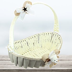 Saplı Oval Kumaş Süslü Sepet, 41 Cm, Büyük Boy, Taş Rengi
