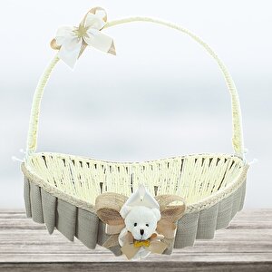 Saplı Oval Kumaş Süslü Sepet, 41 Cm, Büyük Boy, Taş Rengi