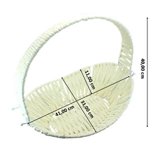 Saplı Oval Kumaş Süslü Sepet, 41 Cm, Büyük Boy, Taş Rengi