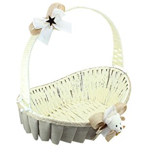Saplı Oval Kumaş Süslü Sepet, 41 Cm, Büyük Boy, Taş Rengi