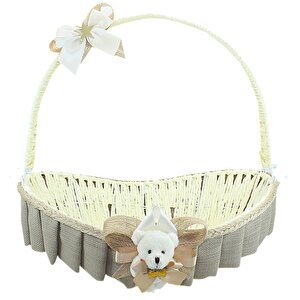 Saplı Oval Kumaş Süslü Sepet, 41 Cm, Büyük Boy, Taş Rengi