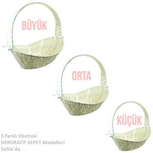 Saplı Oval Kumaş Süslü Sepet, 41 Cm, Büyük Boy, Taş Rengi