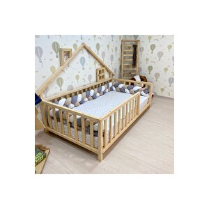 Montessori Doğal Ahşap Çatılı Çocuk Yer Yatağı 70x130 cm