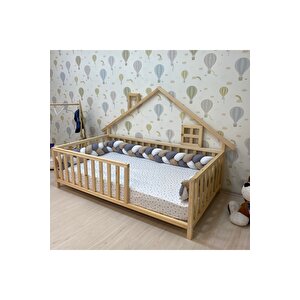 Montessori Doğal Ahşap Çatılı Çocuk Yer Yatağı 80x180 cm