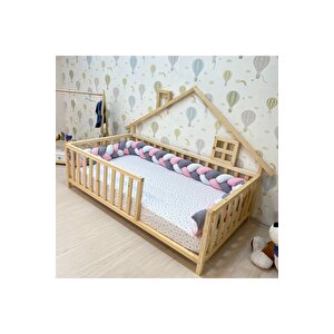 Montessori Doğal Ahşap Çatılı Çocuk Yer Yatağı 80x180 cm