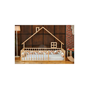 Montessori Doğal Ahşap Çatılı Çocuk Yer Yatağı 60x120 cm