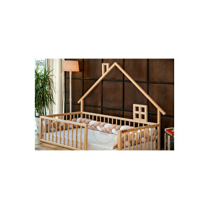 Montessori Doğal Ahşap Çatılı Çocuk Yer Yatağı 90x190 cm
