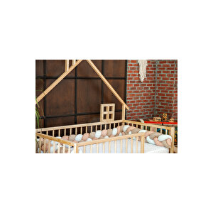 Montessori Doğal Ahşap Çatılı Çocuk Yer Yatağı 80x180 cm