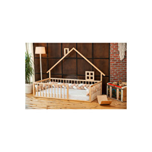 Montessori Doğal Ahşap Çatılı Çocuk Yer Yatağı