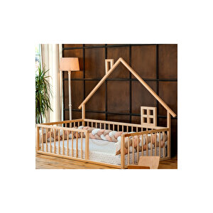 Montessori Doğal Ahşap Çatılı Çocuk Yer Yatağı