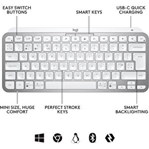 Logitech Mx Keys Mini Aydınlatmalı, Bolt Alıcılı, Şarj Edilebilir, Açık Gri, Kablosuz Klavye İngilizce