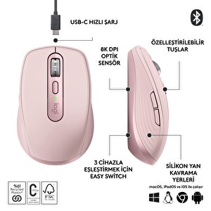 Logitech Mx Anywhere 3s Kompakt 8000 Dpi Optik Sensörlü Sessiz Bluetooth Kablosuz Mouse - Pembe