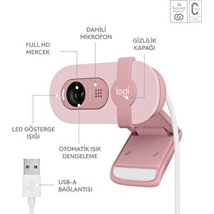 Logitech Brio 100 Full Hd 1080p Gizlilik Kapaklı Mikrofonlu Web Kamerası - Pembe