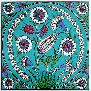 20x20 Cm Ed 339 Turkuaz Lale Desenli Eldekoru Çini Karo
