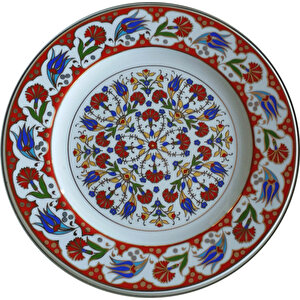 Prt 37 25 Cm Kırmızı Altın Yaldızlı Lale Karanfil Desenli Porselen Çini Tabak