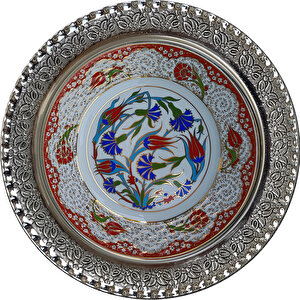Prt 50 25 Cm Kırmızı Altın Yaldızlı Lale Karanfil Desenli  Porselen Gümüş Çerçeveli Çini Tabak