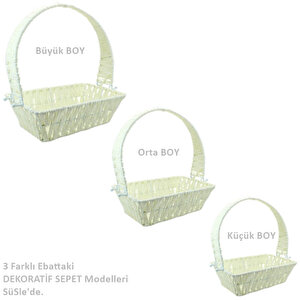 Saplı Dikdörtgen Kumaş Süslü Sepet, 35 Cm, Büyük Boy Krem
