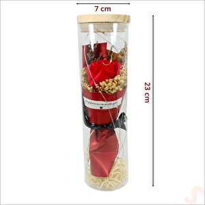 Gül Ve Kuru Çiçek Buketli Led Işıklı 23cm X 7cm Cam Fanus, Kırmızı