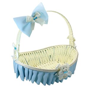 Saplı Oval Kumaş Süslü Sepet, 36 Cm, Orta Boy Mavi