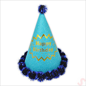 Ponponlu Happy Birthday Şapka, 20cm X 1 Adet - Mavi