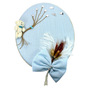 Kuru Çiçek Tanzimli, Ayıcıklı, İsimli Oval Kapı Süsü, Mavi
