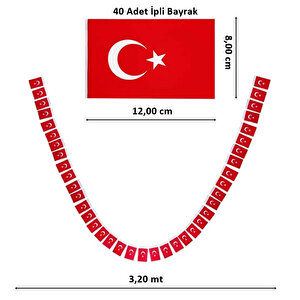 Türk Bayrağı 3,20 Mt İpe Sıralı, 8 Cm X 12 Cm. - 40'lı