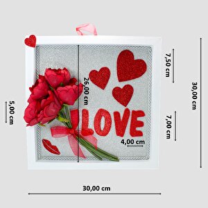 Çiçekli Ve Simli Love Ahşap Pano - 30 Cm X 30 Cm