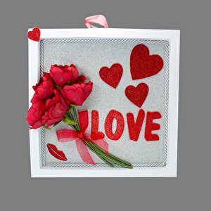 Çiçekli Ve Simli Love Ahşap Pano - 30 Cm X 30 Cm