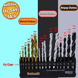 Matkap Ucu Set 16'lı Paket Beton Duvar Ahşap Metal Çelik Delme Değişik Uzunluk Çap Uç Seti