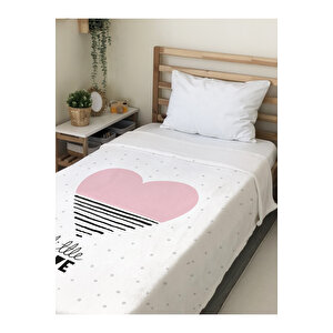 Pembe Kalp Desenli Soft Baskılı Tek Kişilik 150x200 Cm Battaniye - Beyaz