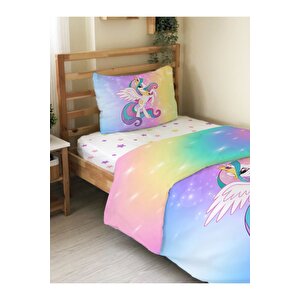 Çift Taraflı Unicorn Desenli Çarşafsız,baskılı Tek Kişilik Nevresim Takımı
