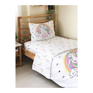 Çift Taraflı Unicorn Ve Gökkuşağı Desenli - Baskılı Tek Kişilik Nevresim Takımı Beyaz