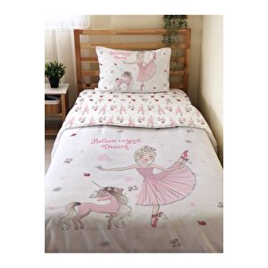 Çift Taraflı Balerin Ve Unicorn Desenli - Baskılı Tek Kişilik Nevresim Takımı Beyaz