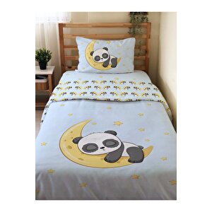 Çift Taraflı Ay Panda Desenli Çarşafsız 2'li Takım Baskılı Tek Kişilik Nevresim Takımı Mavi