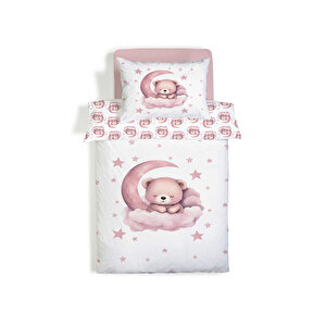 Çift Taraflı Pembe Teddy Desenli Çarşafsız 2'li Takım Baskılı Tek Kişilik Nevresim Takımı 160x220 Cm