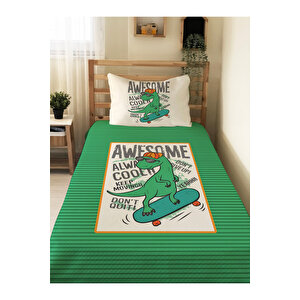 Dinozor Desenli Tek Kişilik Ve Çocuk Tek Kişilik Pike Takımı 160x230 Yeşil