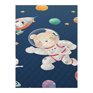 Astronot Ayı Desenli Bebek Ve Çocuk Baskılı Tek Kişilik Pike Takımı 160x230 Lacivert