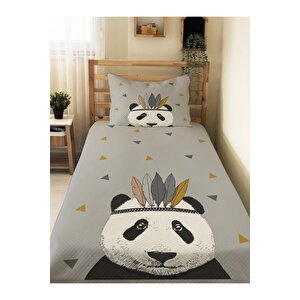 Panda Desenli Bebek Ve Çocuk Baskılı Tek Kişilik Pike Takımı 160x230 Gri