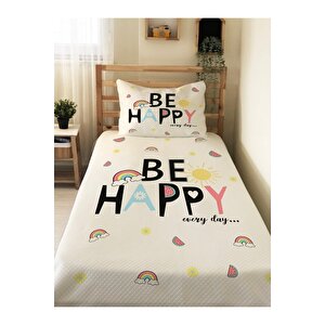 Be Happy Desenli Bebek Ve Çocuk Baskılı Tek Kişilik Pike Takımı 160x230 Beyaz