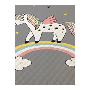 Gökkuşağı Unicorn Desenli Bebek Ve Çocuk Baskılı Tek Kişilik Pike Takımı 160x230 Gri
