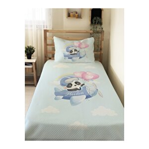 Evmi̇la Panda Uçak Desenli Bebek Ve Çocuk Baskılı Tek Kişilik Pike Takımı 160x230 Mavi