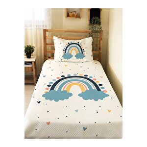 Bulut Gökkuşağı Desenli Bebek Ve Çocuk Baskılı Tek Kişilik Pike Takımı 160x230 Beyaz