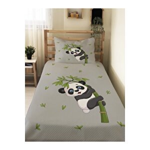 Panda Desenli Bebek Ve Çocuk Baskılı Tek Kişilik Pike Takımı 160x230 Gri