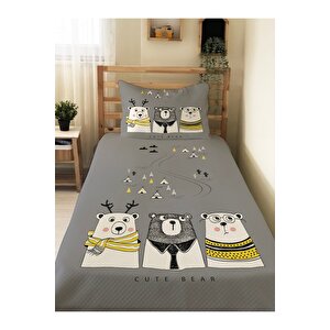 Ayıcık Desenli Bebek Ve Çocuk Baskılı Tek Kişilik Pike Takımı 160x230 Gri