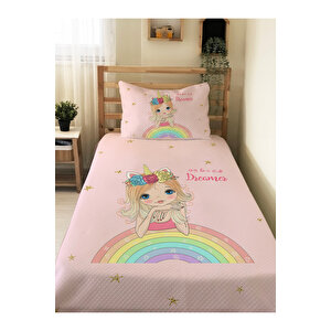 Gökkuşağı Desenli Tek Kişilik Ve Çocuk Tek Kişilik Pike Takımı 160x230 Pembe