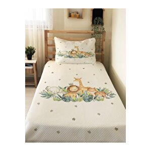 Hayvanlar Alemi Desenli Bebek Ve Çocuk Baskılı Tek Kişilik Pike Takımı 160x230 Beyaz