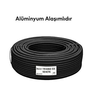 Ttr Cca Çok Telli Elektrik Kablosu Topraklı Bakır İletken Damarlı Siyah Kablo 3x2.5 100 Metre