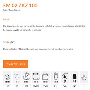 Emes Em02 Zkz 100 Sabit Maşalı Frensiz Kemik Teker 100 Mm 140 Kg